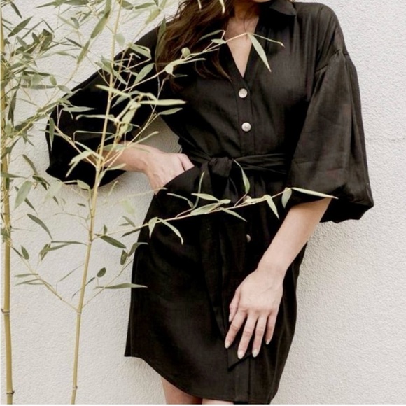 VERONICA BEARD SAMY LINEN mini DRESS - Black 6 Belted Collared Puff Sleeve - Picture 1 of 16